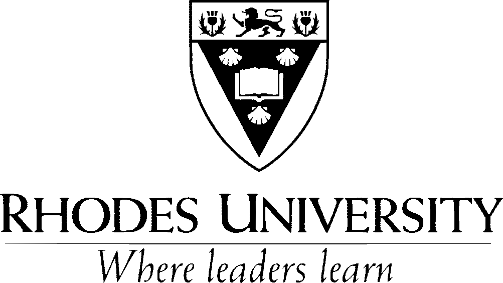a black Rhodes University logo